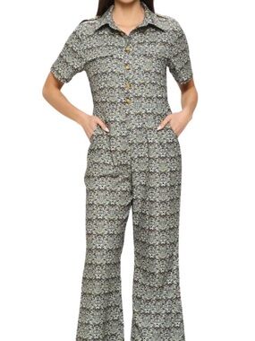 SM Wardrobe Bee Mushroom Print Corduroy Short Sleeve Jumpsuit Large Green Retro